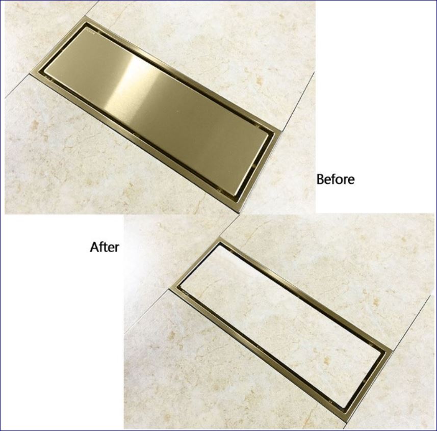 ฟลอร์เดรนตะแกรงดักกันกลิ่นพร้อมฝาครอบสแตนเลสในห้องน้ำแบบยาว BathRoom Rectangular Long Tile-Top Floor Trench Drainage Trap Channel