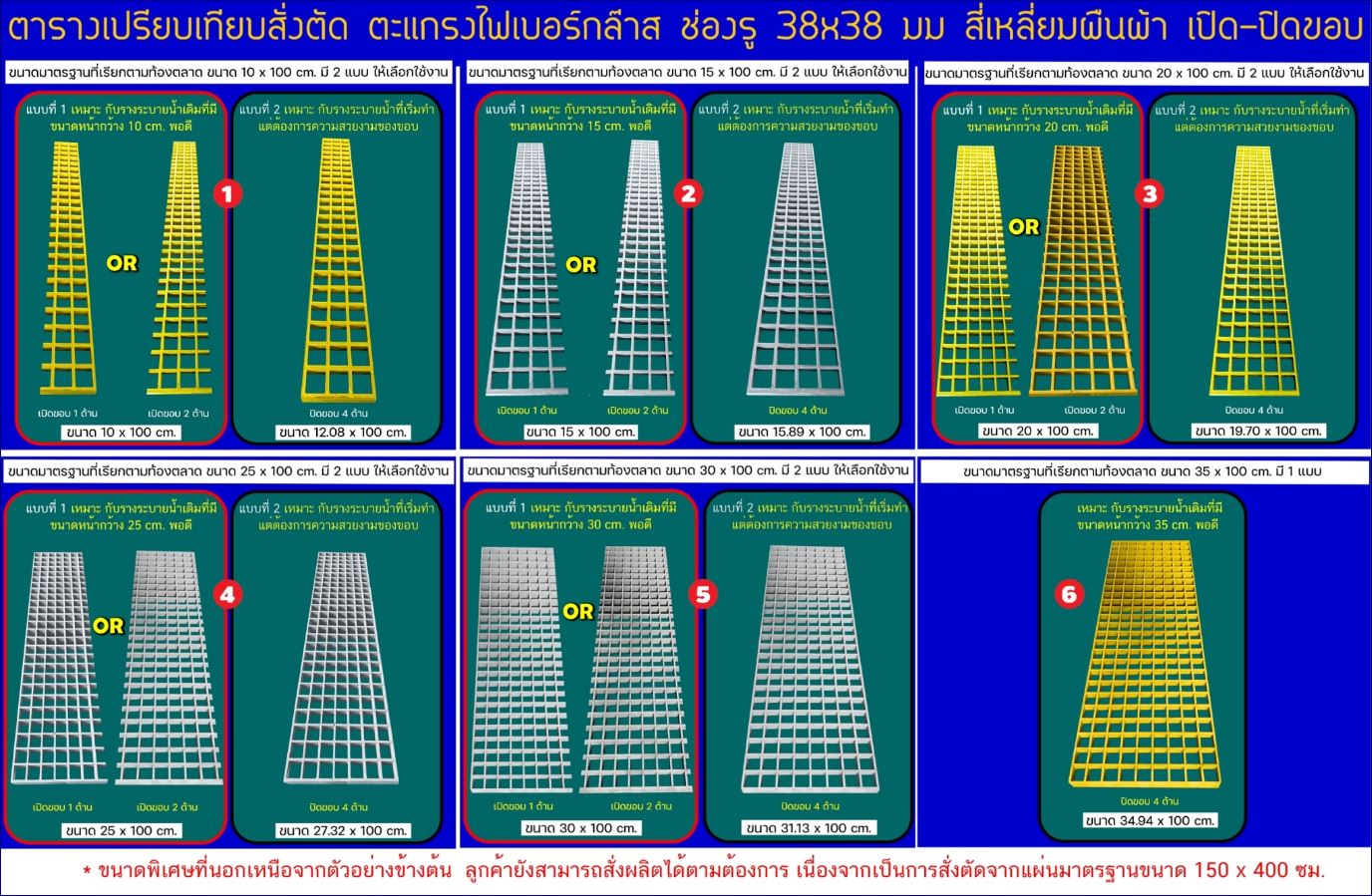 ฝาตะแกรงระบายน้ำไฟเบอร์กล๊าสแผ่นพื้นทางเดินยกระดับผลิตสั่งตัดขนาดพิเศษ cutting special size FRP Plastic Fiberglass Grating