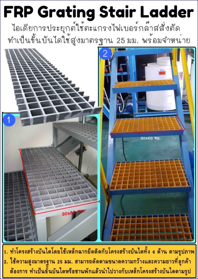 ฝาตะแกรงระบายน้ำไฟเบอร์กล๊าสแผ่นพื้นทางเดินยกระดับสำเร็จรูป FRP Fibreglass Grating ladder staircase