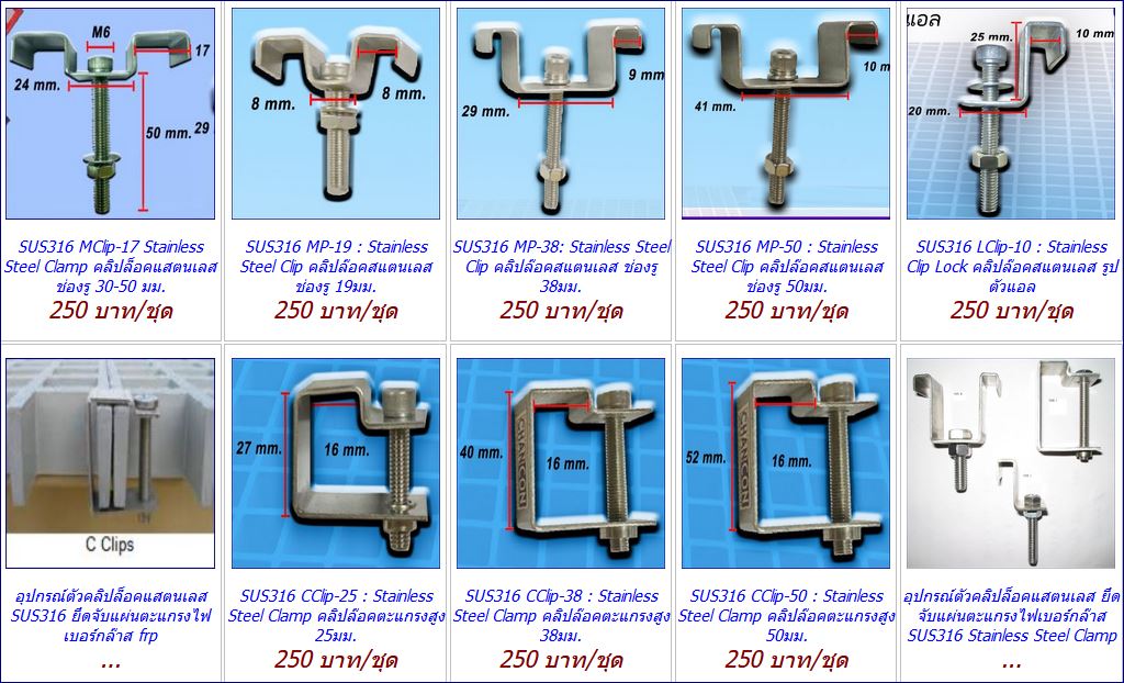 ราคาอุปกรณ์ตัวคลิปล็อคยึดจับแผงตะแกรงเหล็กไฟเบอร๊กล๊าส fixing saddle cliplock clamp fastener price