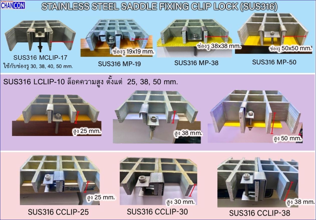 stainless fixing saddle clip lock grating อุปกรณ์ตัวคลิปล็อคสแตนเลสยึดจับแผ่นตะแกรงไฟเบอร์กล๊าส ตะแกรงเหล็กรางระบายน้ำ