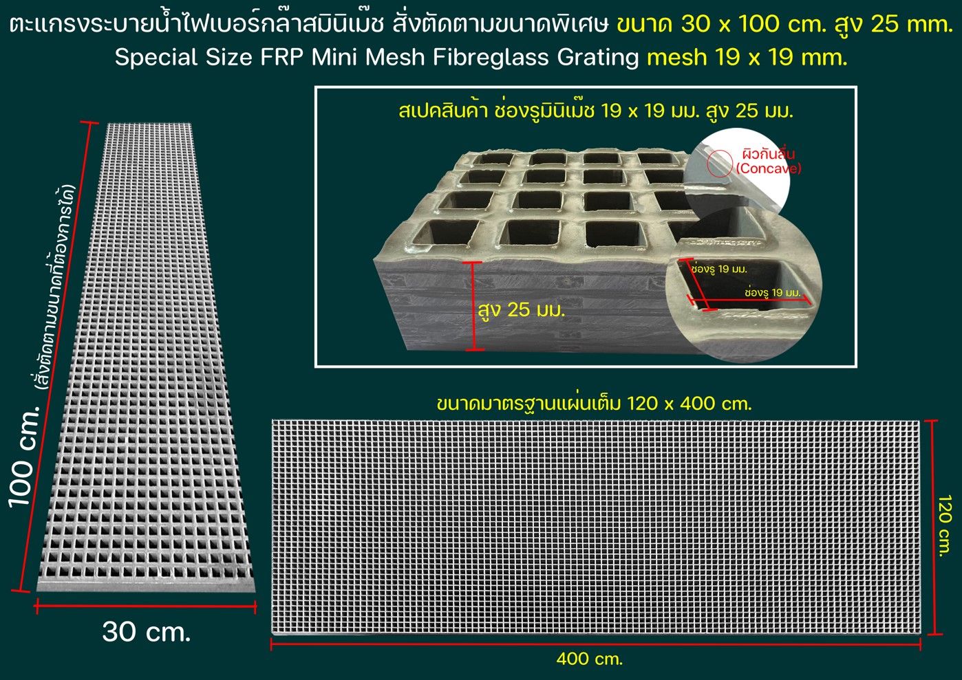 เกรตติ้งตะแกรงระบายน้ำไฟเบอร์กล๊าสแผ่นพื้นทางเดินยกระดับมินิเม็ชช่องรูเล็ก GFRP Mini-MESH GRATING 19x19mm Walkway