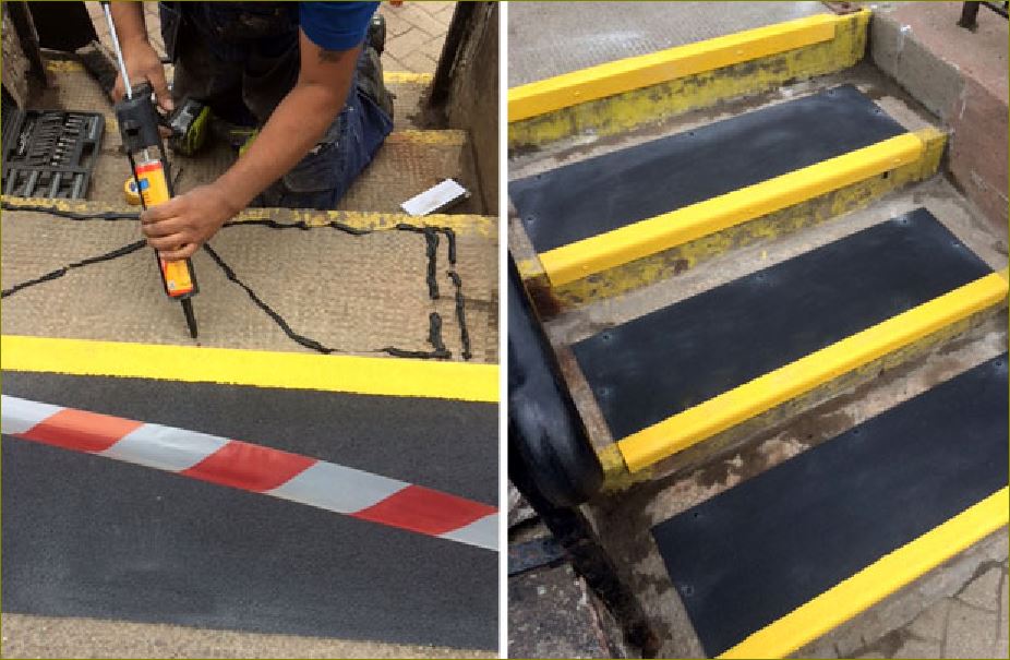 anti skid outdoor frp safefy tape cover แผ่นกันลื่นปิดผิวปูพื้นเทปตีเส้นเรืองแสงกั้นเขตจมูกขอบมุมคิ้วแผงครอบบันได