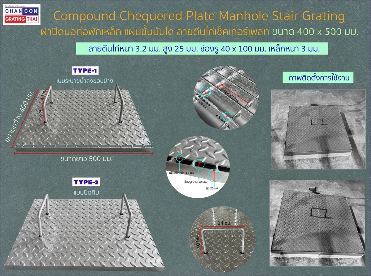 CompoundChequeredDiamondPlateManholeCoverStaircaseBarSteelGrating ตะแกรงเหล็กแผ่นเชื่อมชุบกัลวาไนซ์ฝาเกรตติ้งปิดรางบ่อครอบท่อพักระบายน้ำแผ่นลายตีนเป็ดเช็คเกอร์เพลท