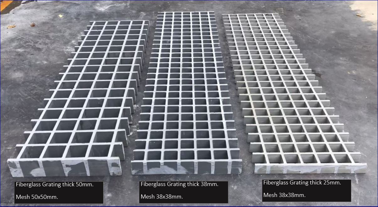 FRP Mould Grating Specification ประเภทและขนาดของตะแกรงแผ่นปูพื้นทางเดิน บังตากันแดดไฟเบอร์กล๊าส