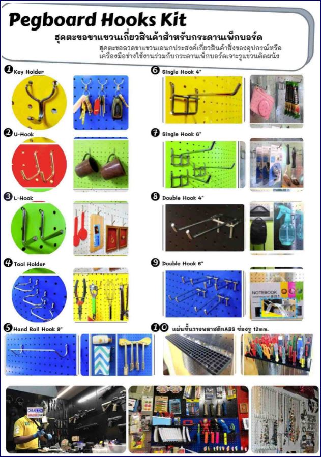 Hooks accessories type sorted การติดตั้งยึดแผ่นกระดานเพ็คบอร์ดเครื่องมือช่าง Pegboard