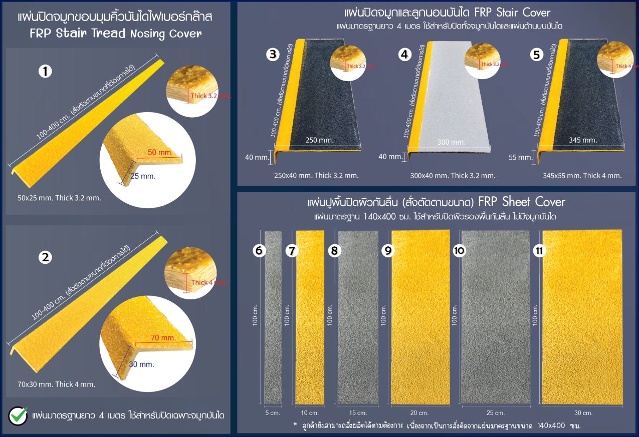 non-skidding safefy walkway frp sheet cover  แผ่นกันลื่นปิดผิวปูพื้นเทปตีเส้นเรืองแสงกั้นเขตจมูกขอบมุมคิ้วแผงครอบบันได